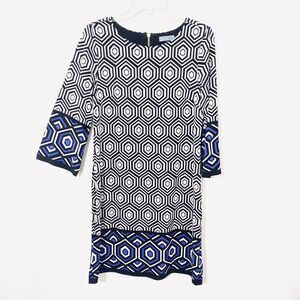 Cynthia Rowley S Black White Blue BOLD Geometric Print STRETCH TRAVEL KNIT Dress